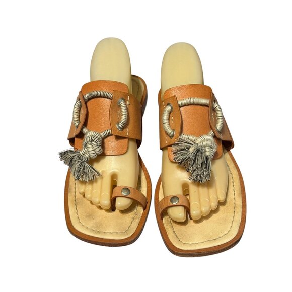 Free People Maui Slide Sandals In Natural With Tassel Accents & Toe Loop - Picture 1 of 14